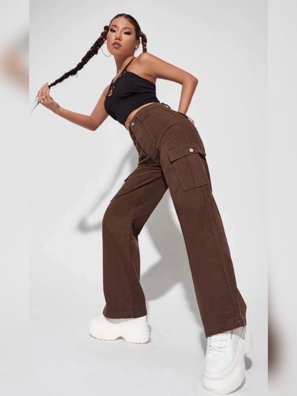 SHEIN High Waist Wide Leg Straight Dark Brown Cargo Pants